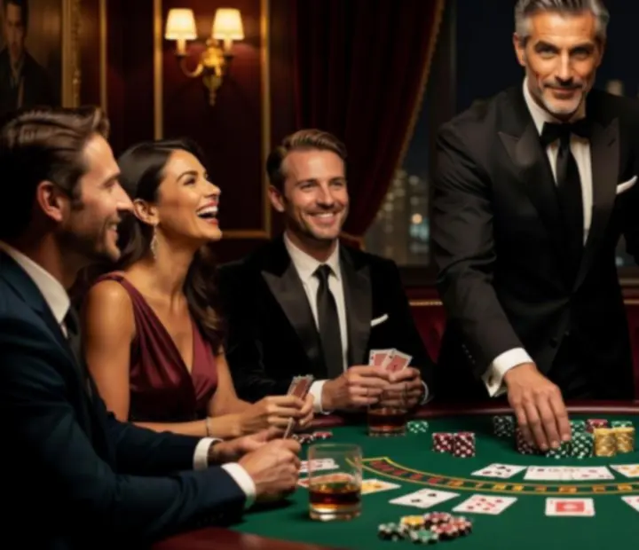 Blackjack asztalnál játszó vendégek karizmatikus osztóval