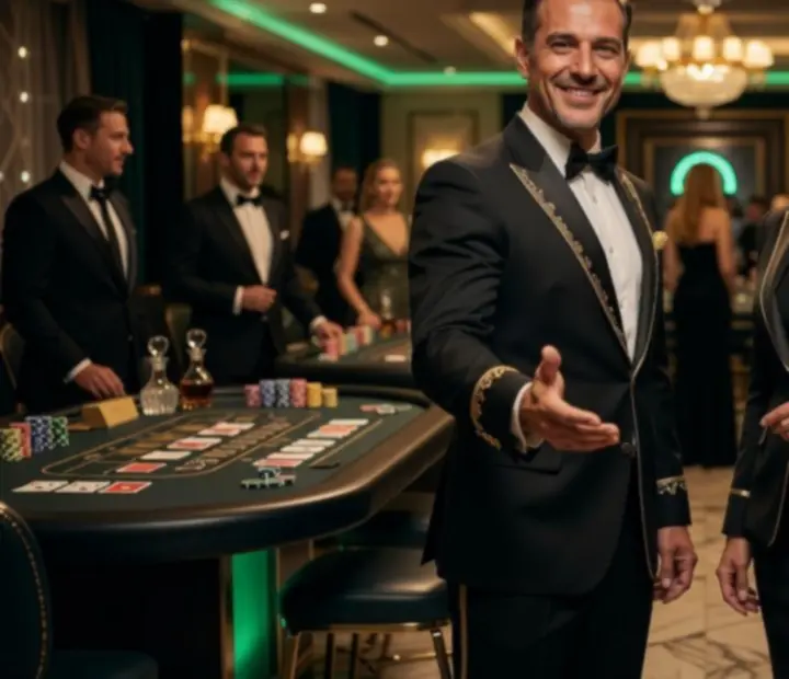 Profi hostok és krupiék elegáns kaszinóesten