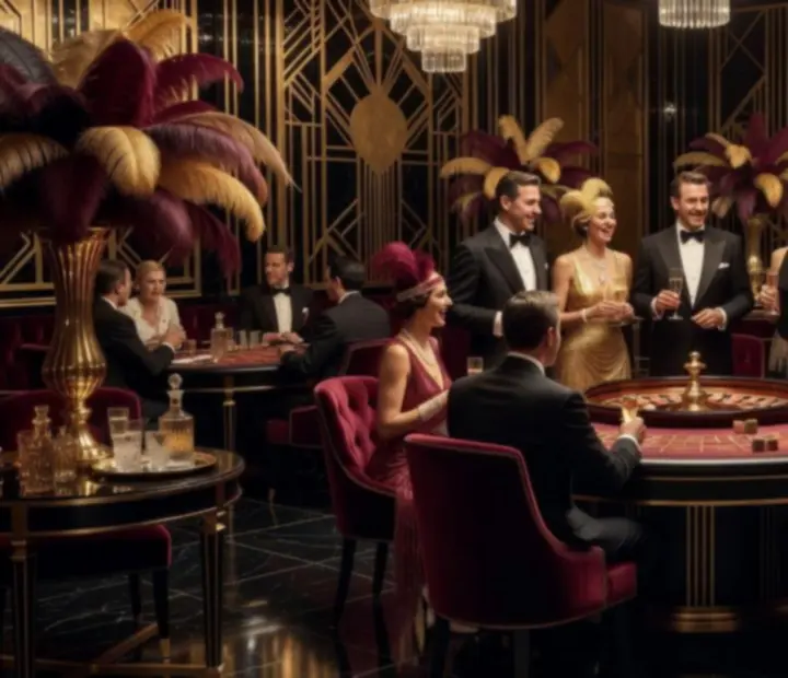 Great Gatsby tematikájú, otthoni kaszinóest arany-fekete dekorációval