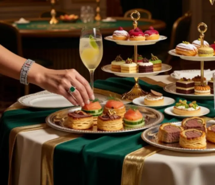 Gourmet catering falatokkal és prémium italokkal egy VIP kaszinóesten.