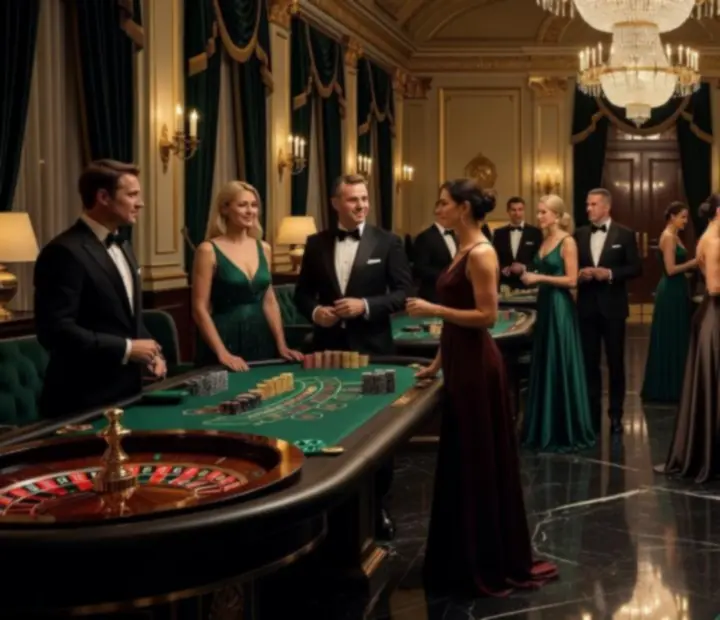 VIP kaszinóest elegáns, félhomályos teremben, blackjack és rulett asztalokkal.